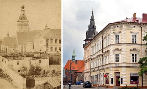 Pohled na kostel Nanebevzetí Panny Marie v Chomutov v minulosti a dnes.