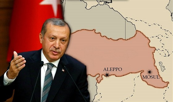 Turecký prezident Recep Tayyip Erdogan a mapa území, jak ho v roce 1920...