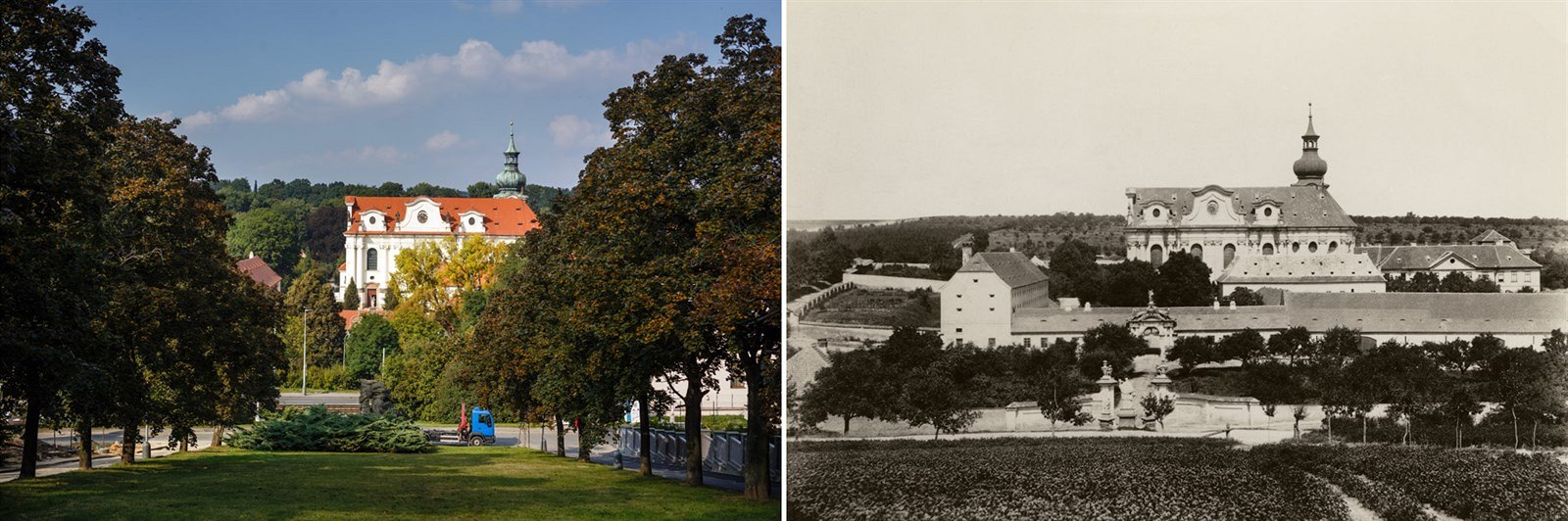 Bevnovský kláter v roce 1893 a dnes