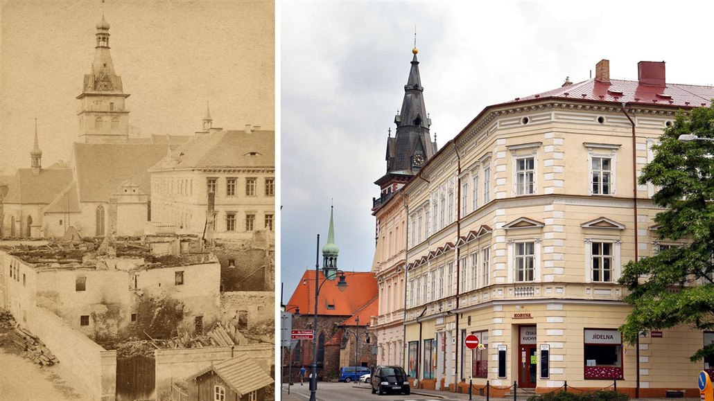 Pohled na kostel Nanebevzetí Panny Marie v Chomutov� v minulosti a dnes.