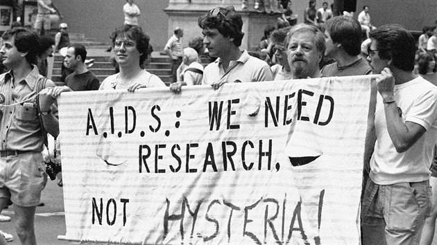Objev HIV a nemoci AIDS vyvolal emoce a hn�v do zna�n� m�ry zam��en� v��i homosexu�ln� komunit�. Ta se celkem pochopiteln� br�nila rozumn�mi argumenty na nedostatek informac�, jako demonstranti na obr�zku, kte�� dr�� n�pis �Pot�ebujeme v�ce v�zkumu, ne hysterii!�