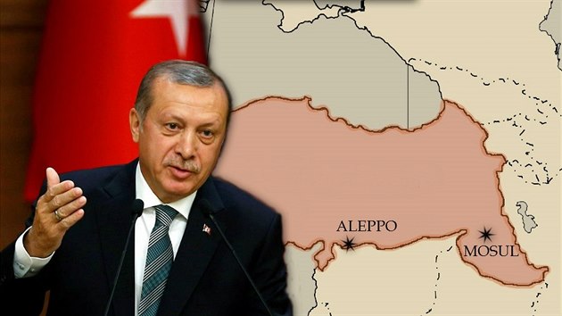 Turecký prezident Recep Tayyip Erdogan a mapa území, jak ho v roce 1920...