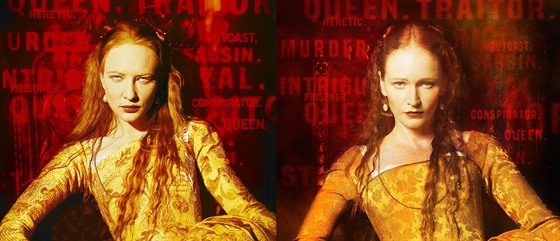 Cate Blanchettová na plakátu k filmu Královna Alžběta (1998) a Anna Geislerová...