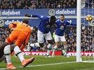 JEDNODUCHÁ POZICE. Romelu Lukaku stílí hlavou vedoucí gól Evertonu v utkání s...