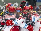 Hokejisté Hradce Králové se radují z gólu v zápase proti Vítkovicím.
