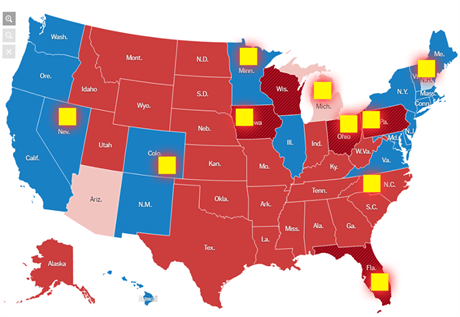 Mapa volebnch vsledk s vyznaenmi msty poslednch Trumpovch zastvek