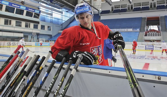 TAK KTEROU? eský útoník Tomá Hyka si vybírá na tréninku reprezentace hokejku.