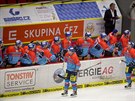 Hokejisté eských Budjovic oslavují jeden z devíti gól do sít Prostjova.