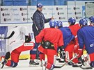 Trenér Josef Janda udílí pokyny na tréninku hokejové reprezentace v Plzni.