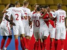 Fotbalisté Monaka se radují v utkání Ligy mistr s CSKA Moskva z jednoho ze...