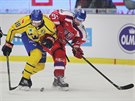 eský hokejista Roman Horák a véd Dennis Everberg bojují o puk.