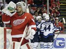 Hokejisté Winnipegu slaví gól, detroitský branká Petr Mrázek se oberstvuje.