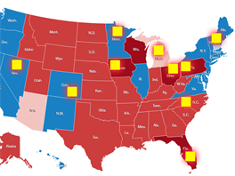 Mapa volebních výsledků s vyznačenými místy posledních Trumpových zastávek
