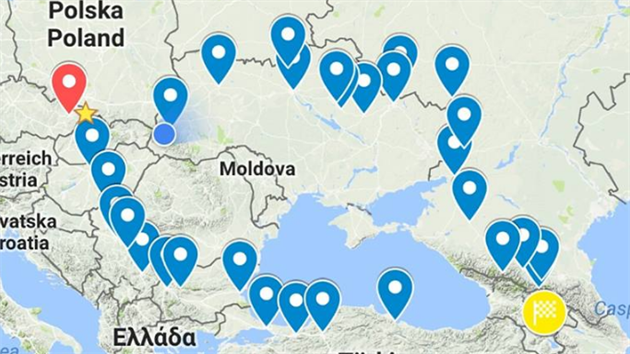 Trase čtyřměsíční jízdy Tomáše Vejmoly z Hranic vedle přes Ukrajinu, Turecko, Rusko a Gruzii a celkem měřila sedm tisíc kilometrů.