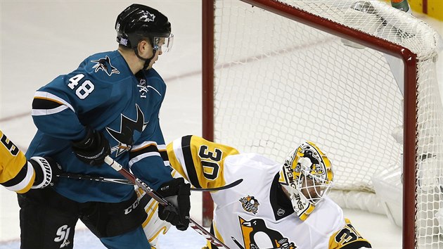 Tom Hertl ze San Jose ped brankou pittsburskho Matta Murrayho.