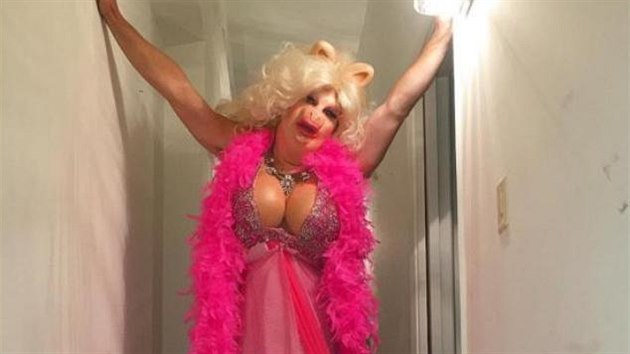 Colton Haynes na letonm Halloweenu jako Miss Piggy z The Muppet Show