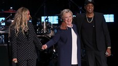 Hillary Clintonová se zpěvačkou Beyoncé a rapperem Jayem Z v Clevelandu.