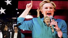 Kampa Hillary Clintonové ve floridském Miami. Vlevo její píznivkyn, zpvaka...