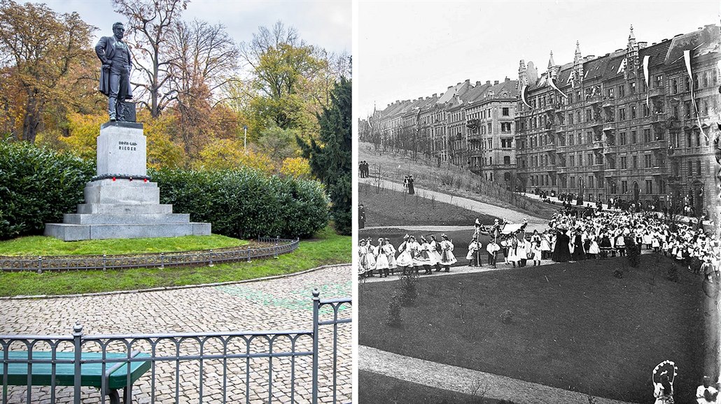 Riegerovy sady na pra�ských Vinohradech v sou�asnosti a v roce 1907
