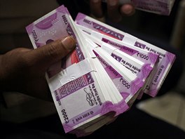 Pokladník v bance ve mst Jammu ukazuje nové indické bankovky o denominaci...