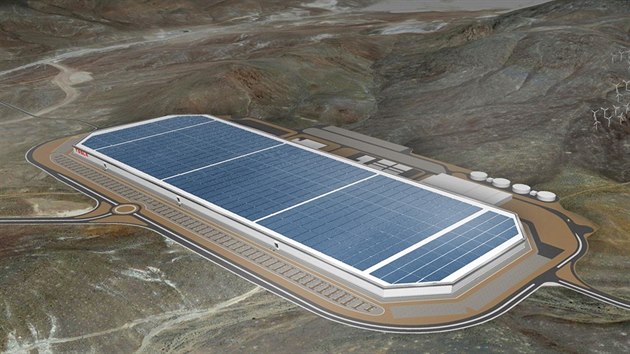 Tovrna na baterie Gigafactory firmy Tesla a Panasonic v Kalifornii.