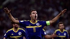 Bosenský kapitán Edin D�eko se raduje z gólu proti �ecku.