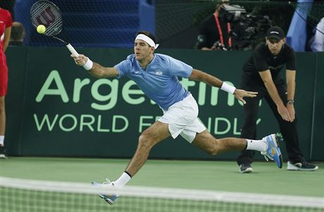 Argentinsk tenista Juan Martn del Potro returnuje ve finle Davis Cupu.