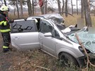 Pi nehod u Bezhradu zstalo vozidlo opené o strom ve vertikální poloze.