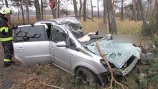 Pi nehod u Bezhradu zstalo vozidlo opené o strom ve vertikální poloze.