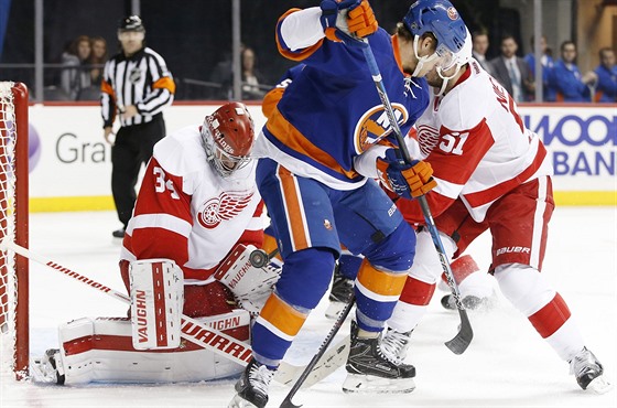Branká Detroitu Petr Mrázek krotí puk v utkání proti New York Islanders.