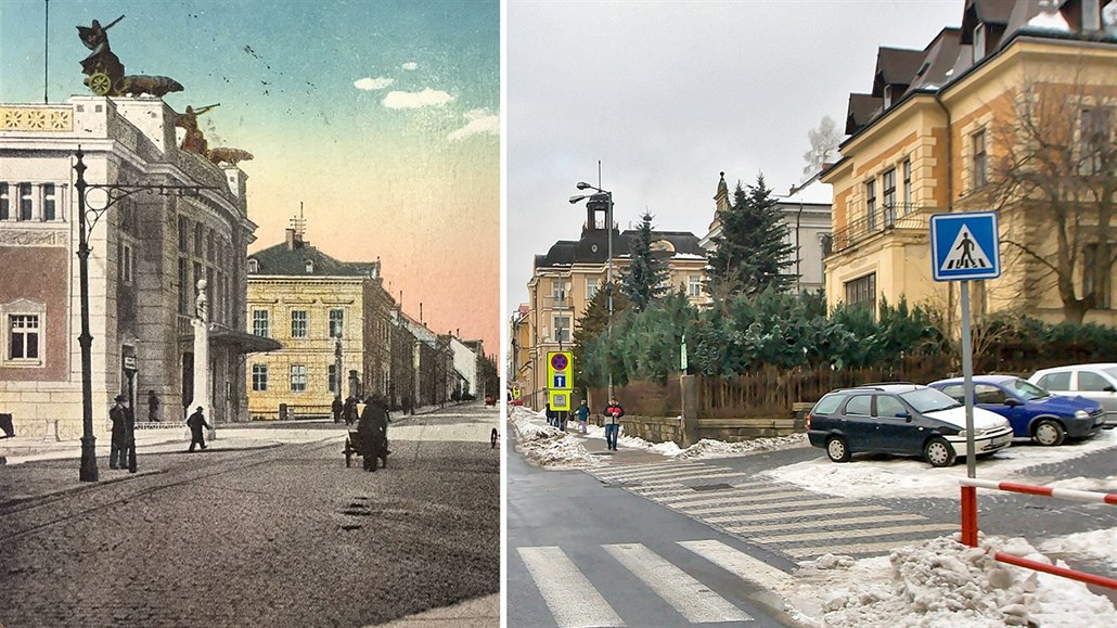 Liberecká ulice v Jablonci nad Nisou na nedatované pohlednici a v sou�asnosti