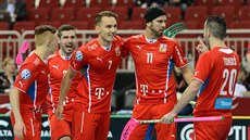 Čeští florbalisté se na mistrovství světa radují ze vstřeleného gólu.