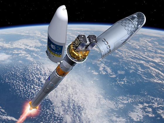 Sojuz vynáší satelity Galileo na oběžnou dráhu (umělecké znázornění).