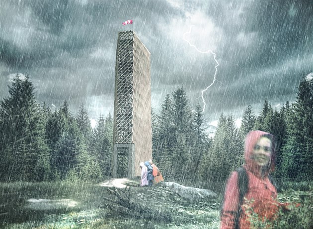 Vizualizace rozhledny na Velké De�tné v Orlických horách. Architekti se...
