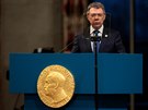 Kolumbijský prezident Juan Manuel Santos pednáí projev na ceremonii u...