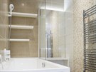 Relativn úzký prostor koupelny opticky roziuje zrcadlo na zadní stn.