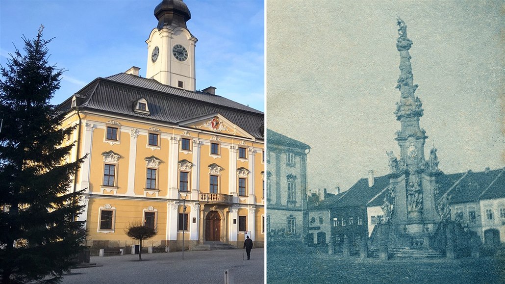 Palackého nám�stí v Poli�ce na aktuálním snímku a na konci 19. století