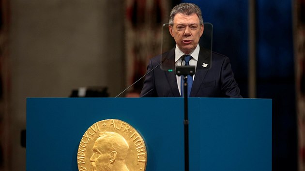 Kolumbijsk prezident Juan Manuel Santos pedn projev na ceremonii u pleitosti pedn Nobelovy ceny mru (10. prosince 2016)