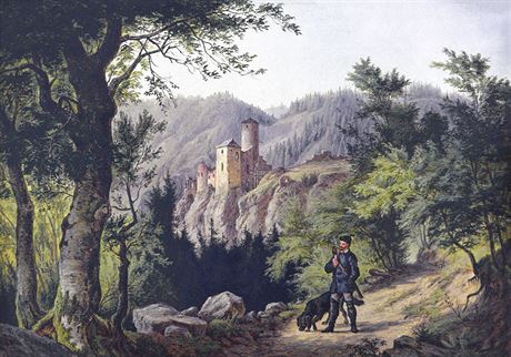Hrad Stekov od jihu. Doerellova olejomalba na plátn z roku 1860.