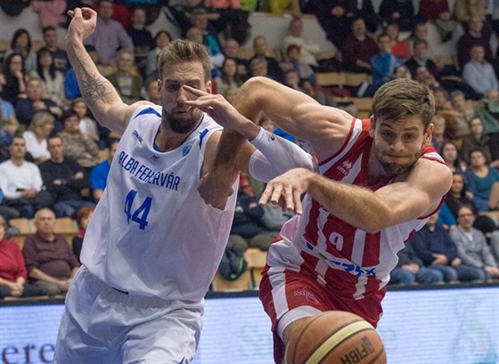 Kamil vrdlík (vpravo) z Pardubic bojuje s Peterem Lórantem z Alby Fehérvár.