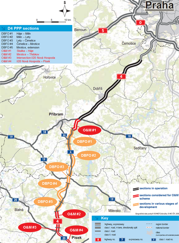 Mapa vznikající dálnice D4 mezi Píbramí a Pískem. ervené úseky jsou u...