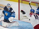 Český hokejový útočník Daniel Kurovský se raduje z gólu proti Finsku.
