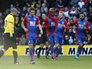 Yohan Cabaye (druhý zprava) slaví se spoluhrái z Crystal Palace gól.