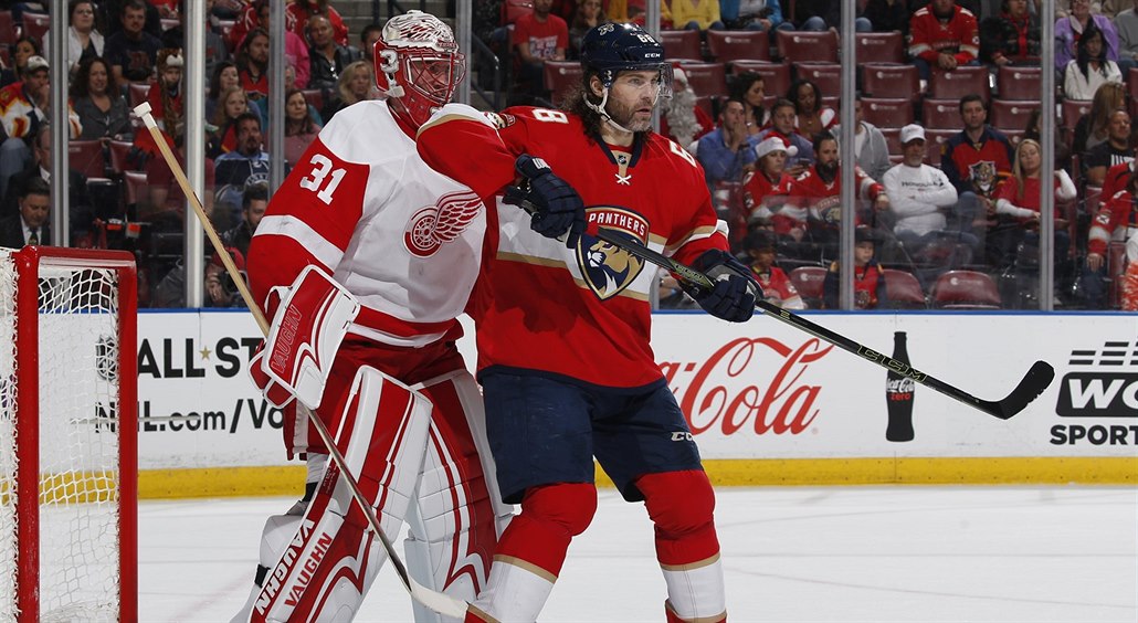 Gólman Detroitu Jared Coreau a úto�ník Floridy Jaromír Jágr v utkání NHL.