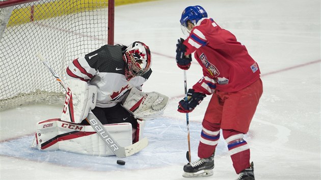 Radek Kobl�ek se pokou�� p�elst�t kanadsk�ho g�lmana Connora Ingrama.