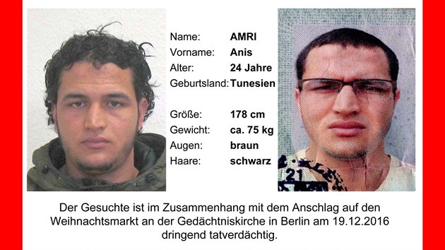 Zatykač na Tunisana Anise Amriho, který je podezřelý z útoku na adventní trh v Berlíně (21. prosince 2016).