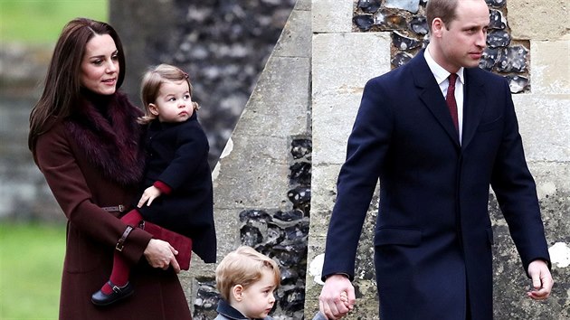 Vévodkyně Kate, princezna Charlotte, princ George a princ William (Englefield, 25. prosince 2016)