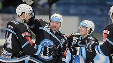 Gólová radost plze�ských hokejist� v utkání s Kometou Brno.
