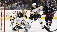 Bostonský gólman Tuukka Rask zasahuje, Luká Sedlák z Columbusu eká na...