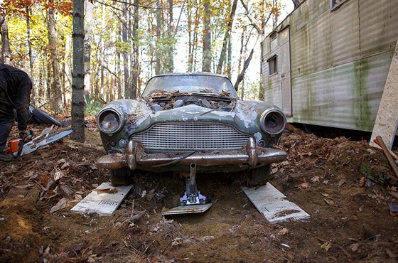 Aston Martin DB4 stl pes 40 let odstaven v lese.